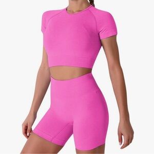 Pink Athletic Crop Top and Shorts Set